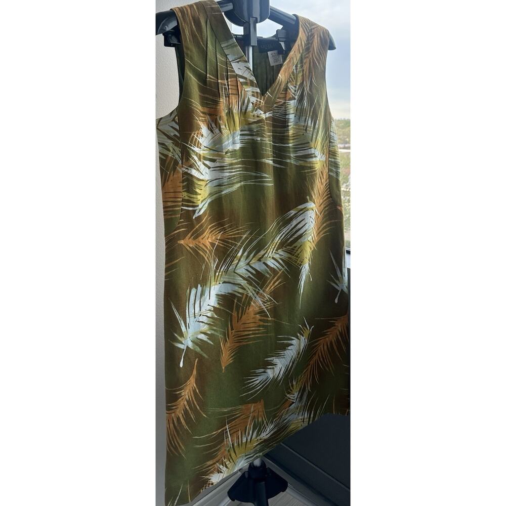 harvé benard Sheath Dress Green Brown Tropical Print Linen Rayon Sleeveless 14